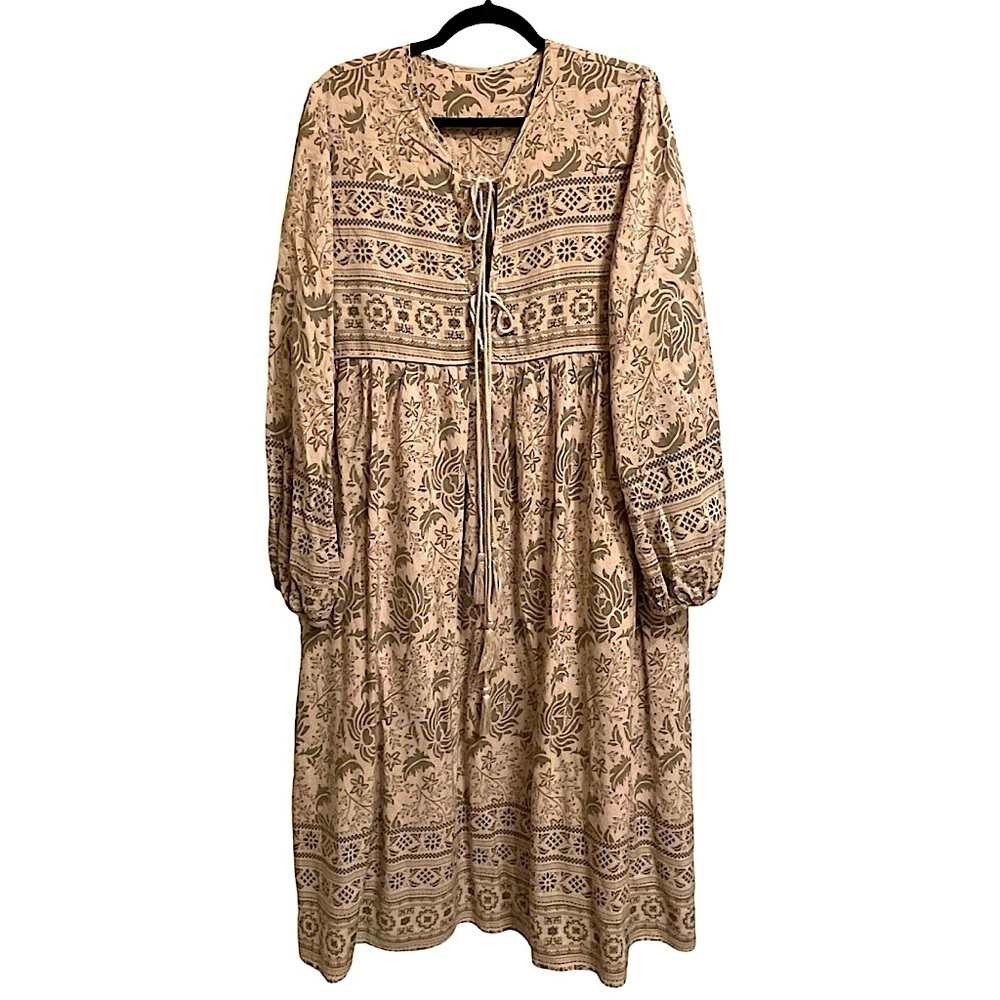 R.Vivimos Long Sleeve Floral Print Retro V Neck Tassel Bohemian Midi Dress Sz XL - Picture 3 of 10